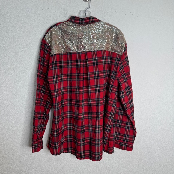 Red Plaid Button-Up Blouse with Sequin Yoke - Picture 8 of 9